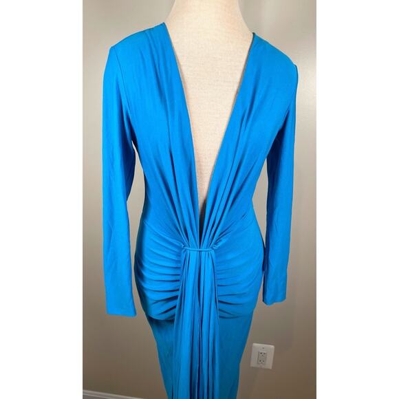 SOLACE LONDON Lorena Draped Deep V Neck Azure Blue Midi Dress Size 4 - Picture 5 of 9